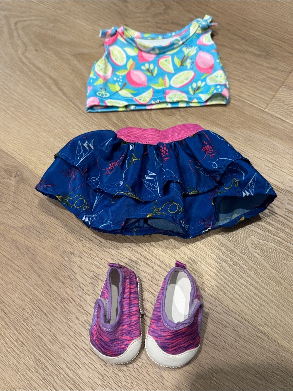 18-inch Doll Blue Ruffle Skirt with Pink Top and Purple Shoes
